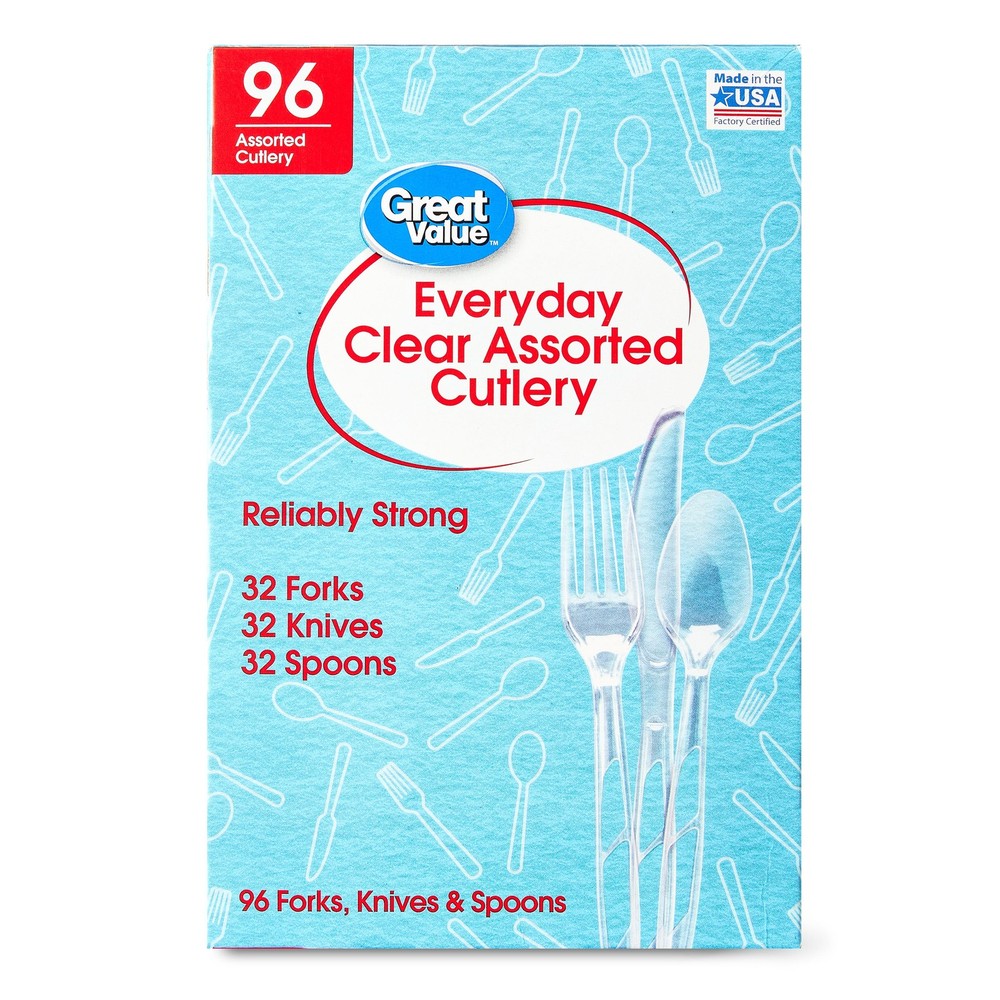 Plastic Everyday Clear Assorted Cutlery, 96 Count includes 32F/32S/32K