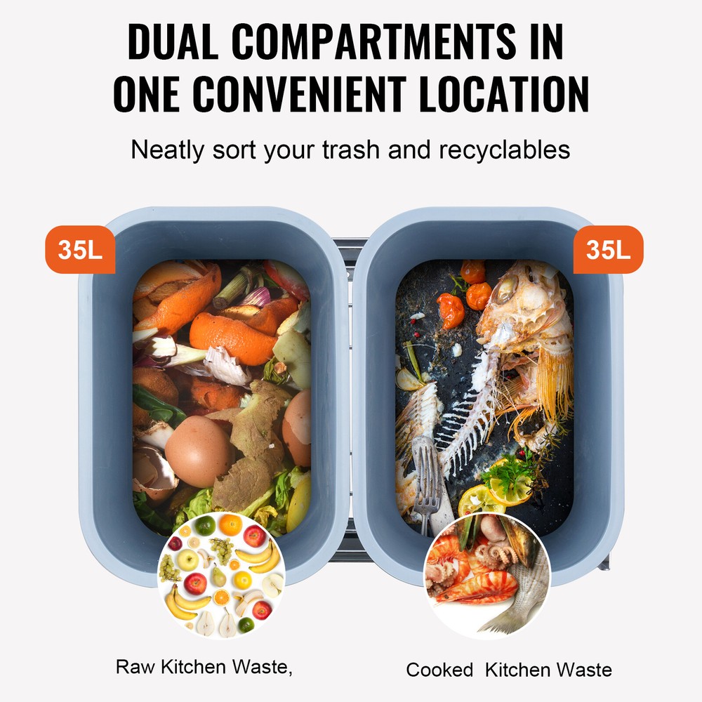VEVOR Double 37QT Pullout Waste Container Kitchen Trash Can 70L w/ Soft Close