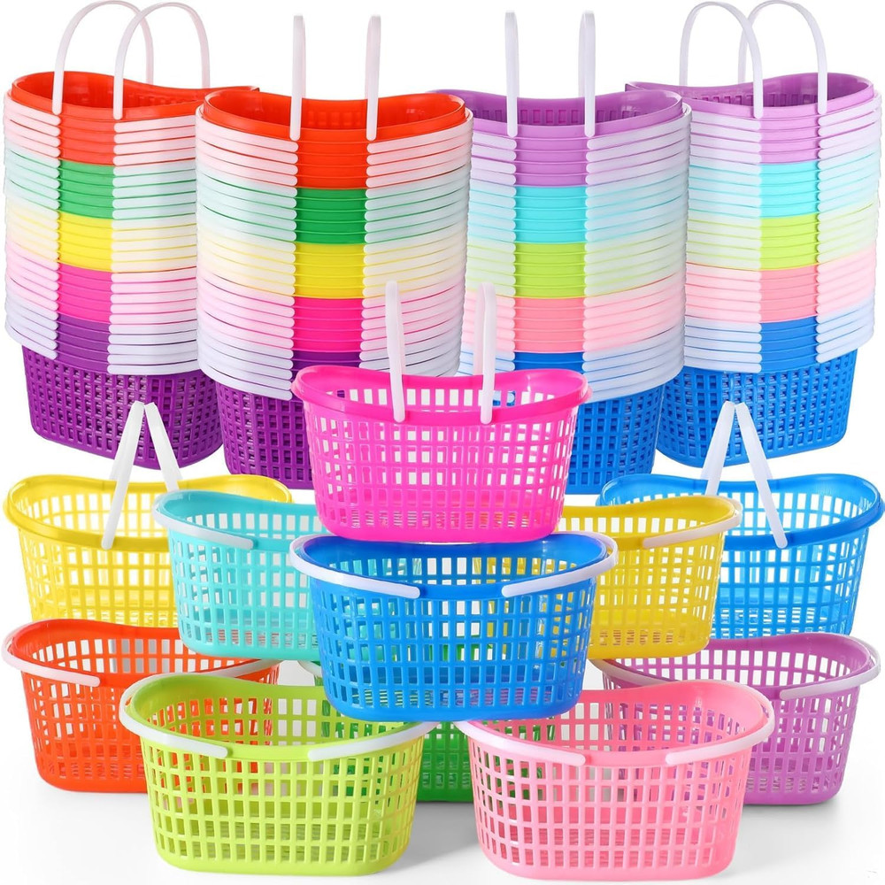50 Pcs Easter Baskets Bulk Colorful Plastic Eggs Basket with Handles Empty Sprin