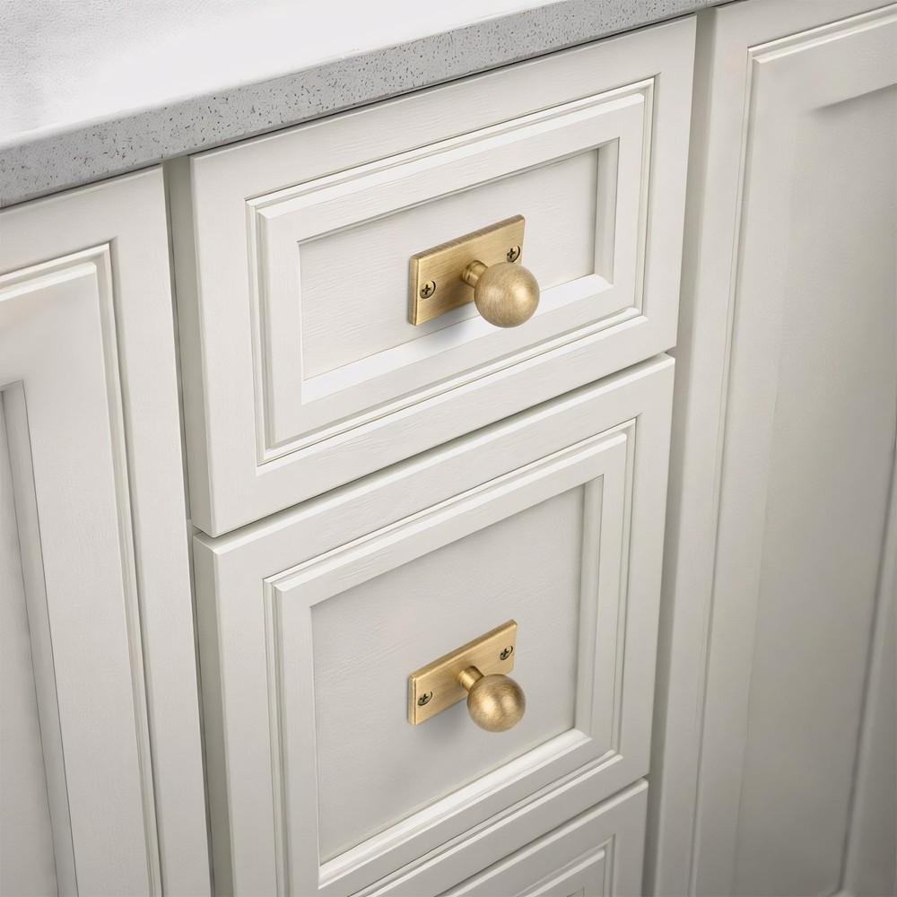 Solid Brass Cabinet Knob with Backplate 5 Pack- Antique Brass Drawer Pulls an...