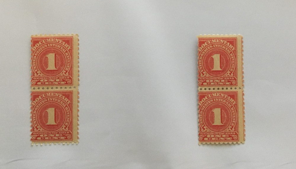 US Stamp # R196 1 cent documentary pair perf. Shifted left Error Mint NH OG