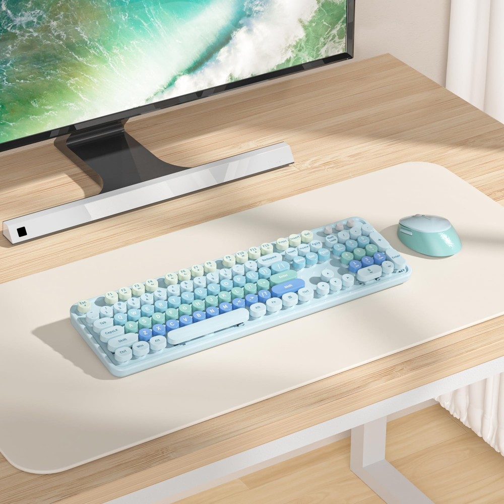 Blue Keyboard and Mouse, Cute Wireless Keyboard and Mouse Combo, Full Size Ty...
