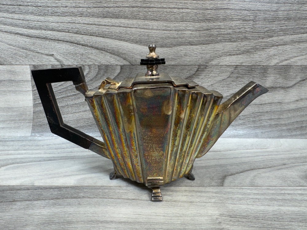 VINTAGE ART DECO SILVERPLATE FOOTED TEAPOT BAKELITE HANDLE CUBE SQUARE CUBIST