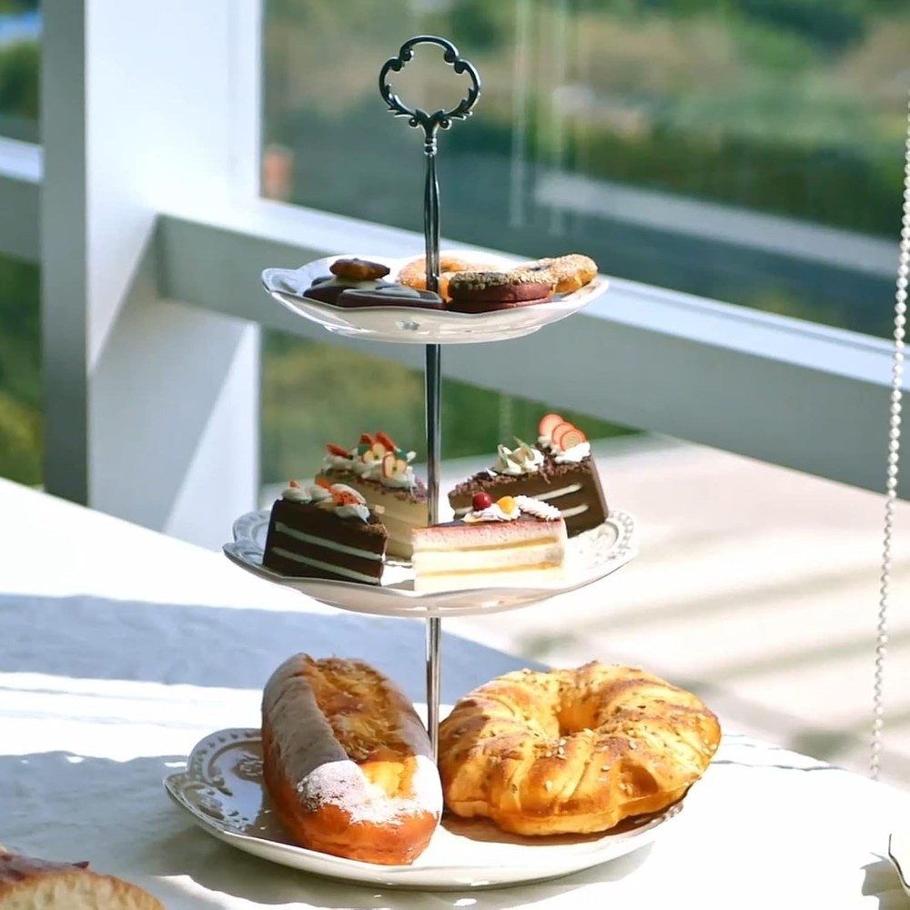 Pure White Ceramic 3-Tier Dessert Tray with Silver Bracket - Easy Assembly