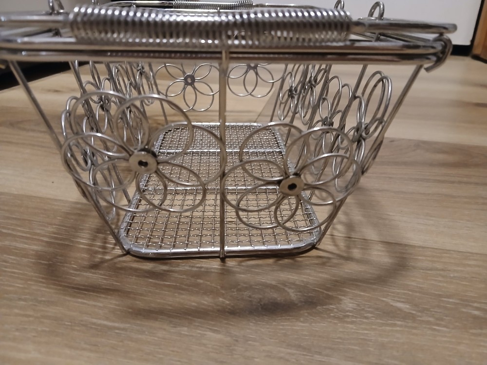 Rectangular Silver Metal Wire Basket with Handles Floral Design