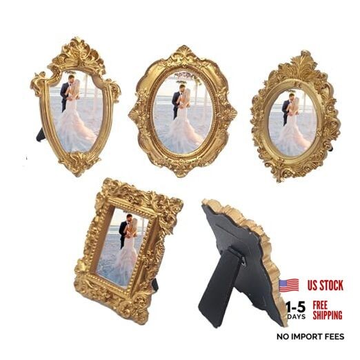 5 Pcs Mini Frames - Small Vintage Flower Oval Rectangle Baroque with back Gold