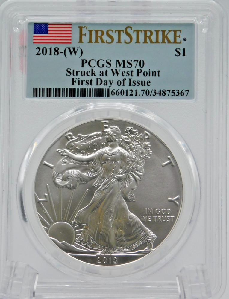 2018 (W) SILVER EAGLE PCGS MS70  STRUCK AT WEST POINT LABEL (BT1290)