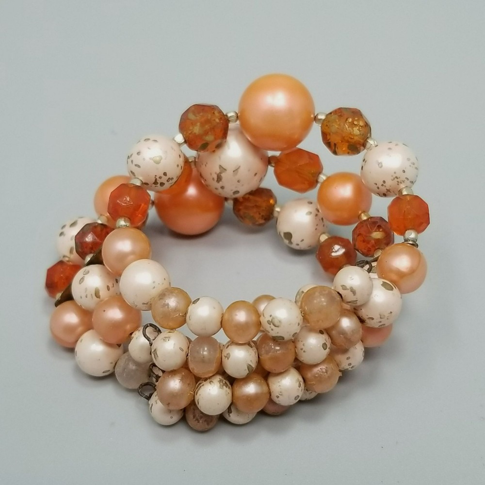 Vintage Orange Plastic Beaded Bangle Bracelet Cuff Memory Wire Three Row