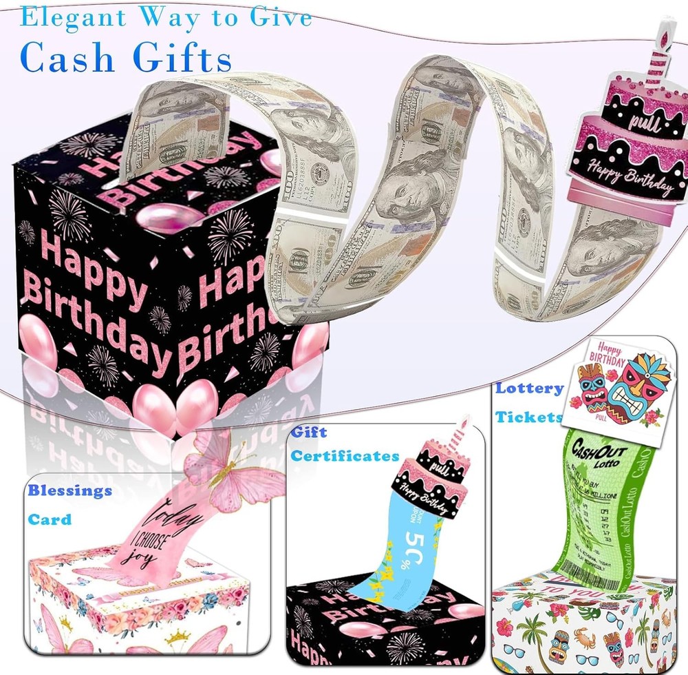 Birthday Money Box for Cash Gift Pull, Surprise Money Roll Gift Box with Pull Ou