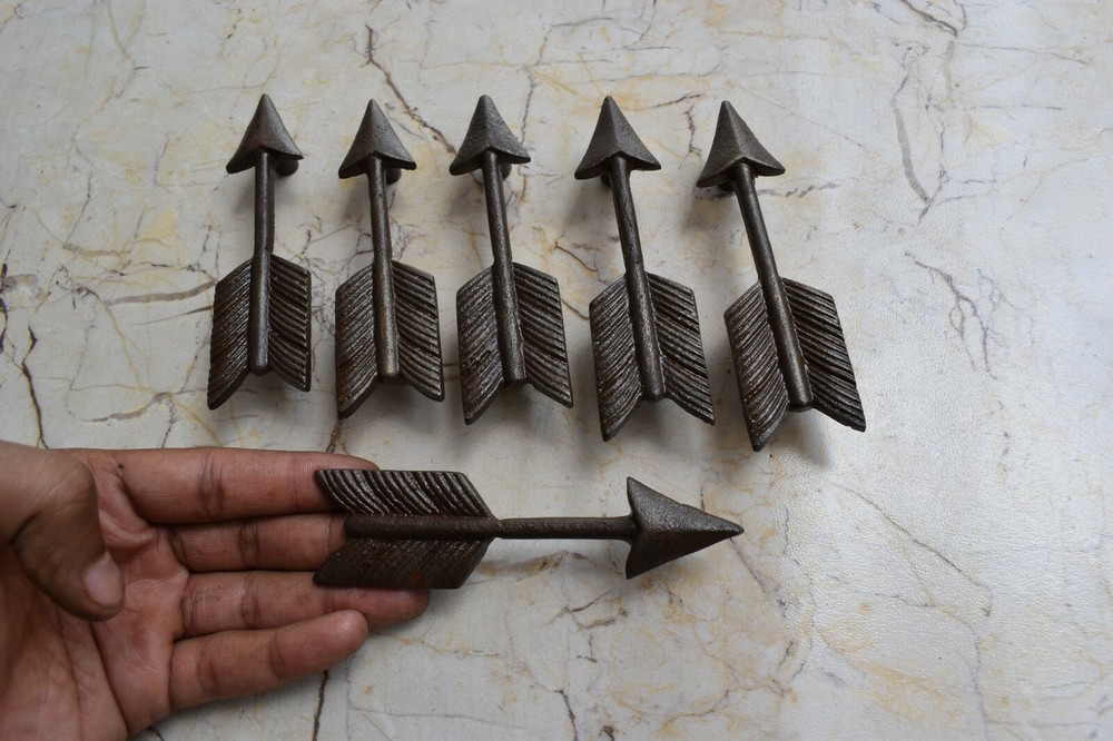Vintage cast iron Arrow cabinet drawer door knobs handles pull rustic 6 pcs