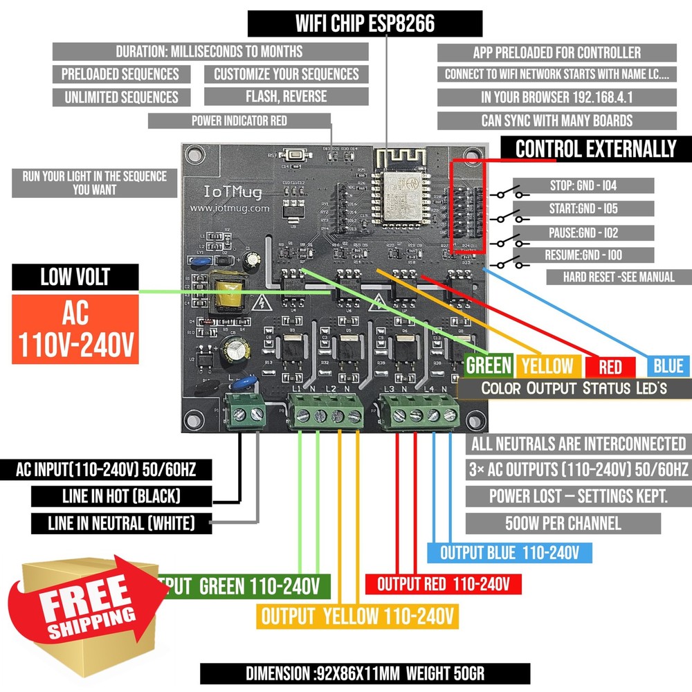 WiFi 4 Channel Light Controller Sequencer 90-240V AC 4A