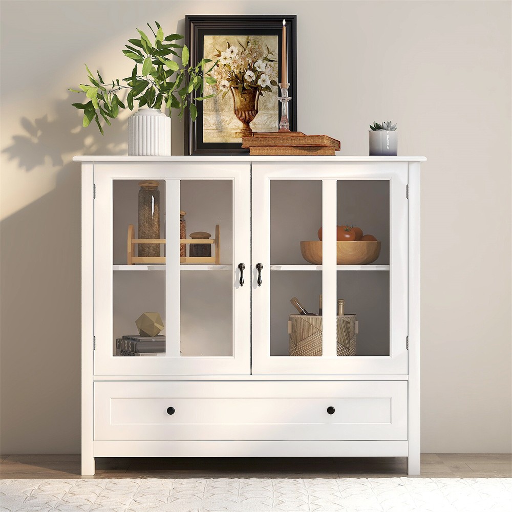 Storage Cabinet Sideboard Kitchen Cabinet with Glass Doors and Bell Handle