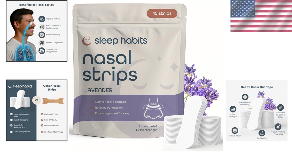 Non-Toxic 45PC Nasal Strips - Extra Strength Lavender Strips for Sleep Support