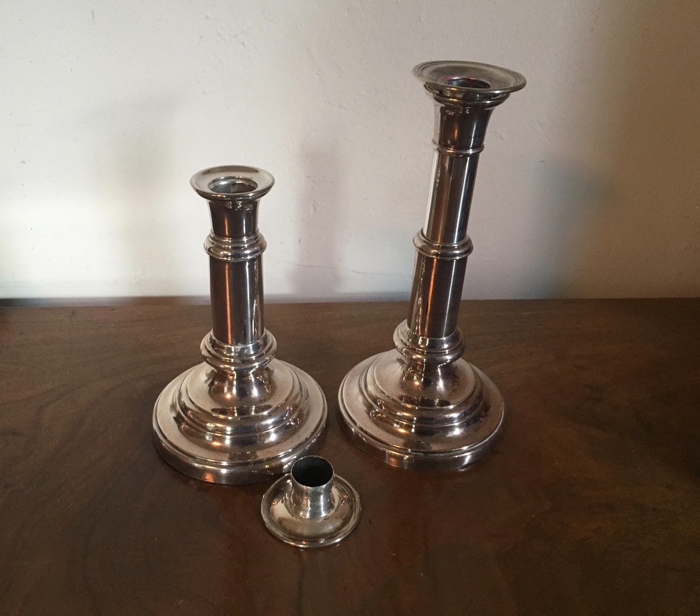 Pair 19th c. Old Sheffield Silver Plate on Copper Telescoping Candlesticks