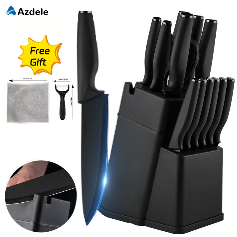 16 Pieces Professional Black Coding Kitchen Knife Block Set with Non-slip Handle