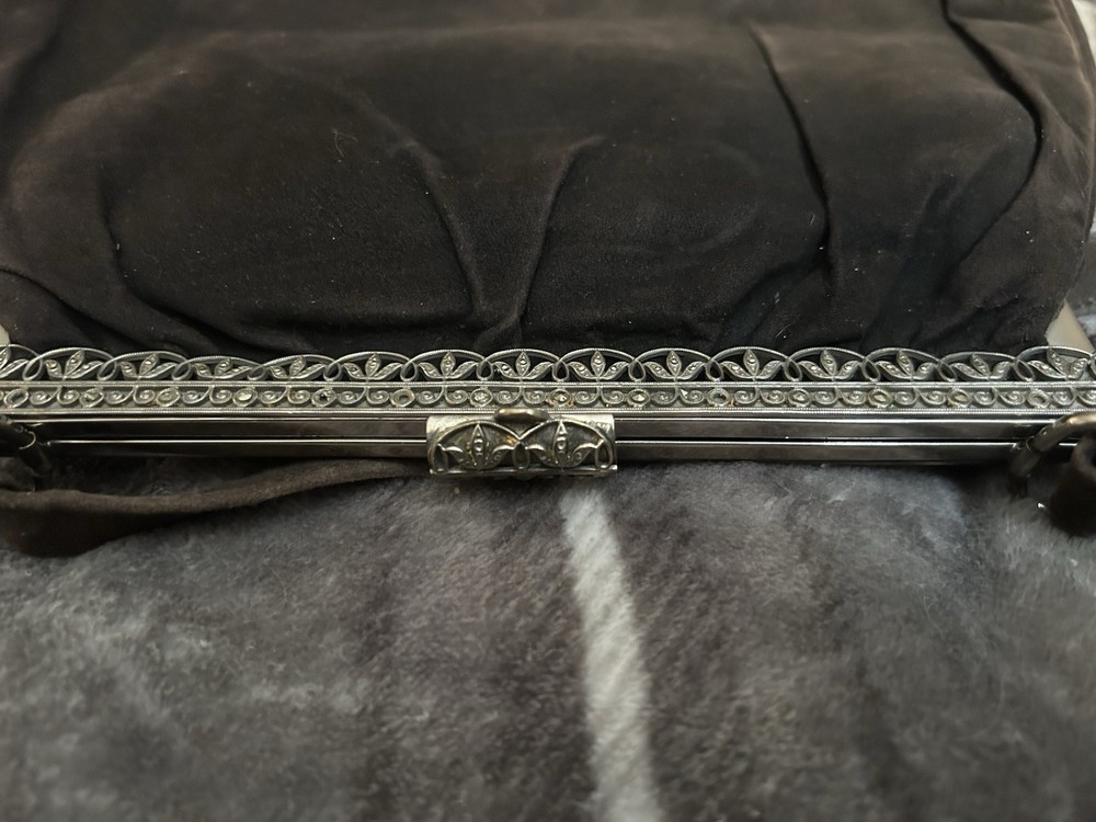 Vintage Black Suede Marcasite Clasp Frame Handbag