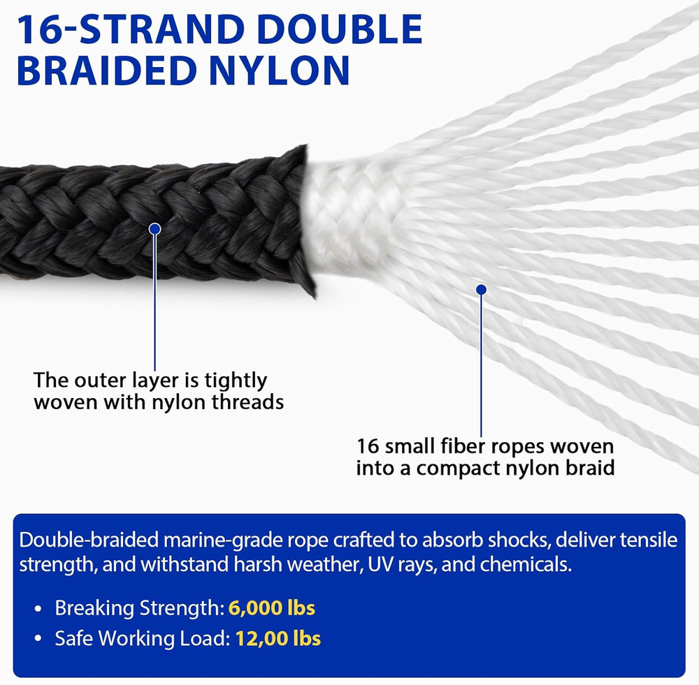 Boat Dock Lines Marine Rope - 1/2" X 15Ft with Pre-Spliced 12" Loop Double Braid