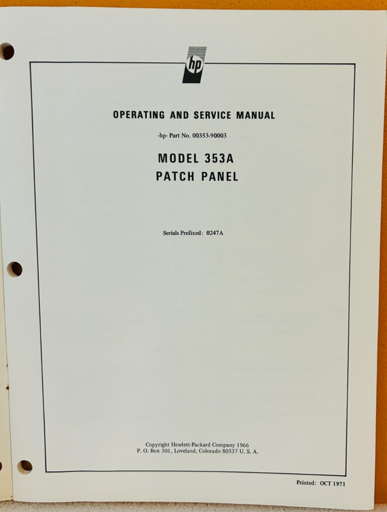 HP 00353-90003 Model 353A Patch Panel Operating & Service Manual.