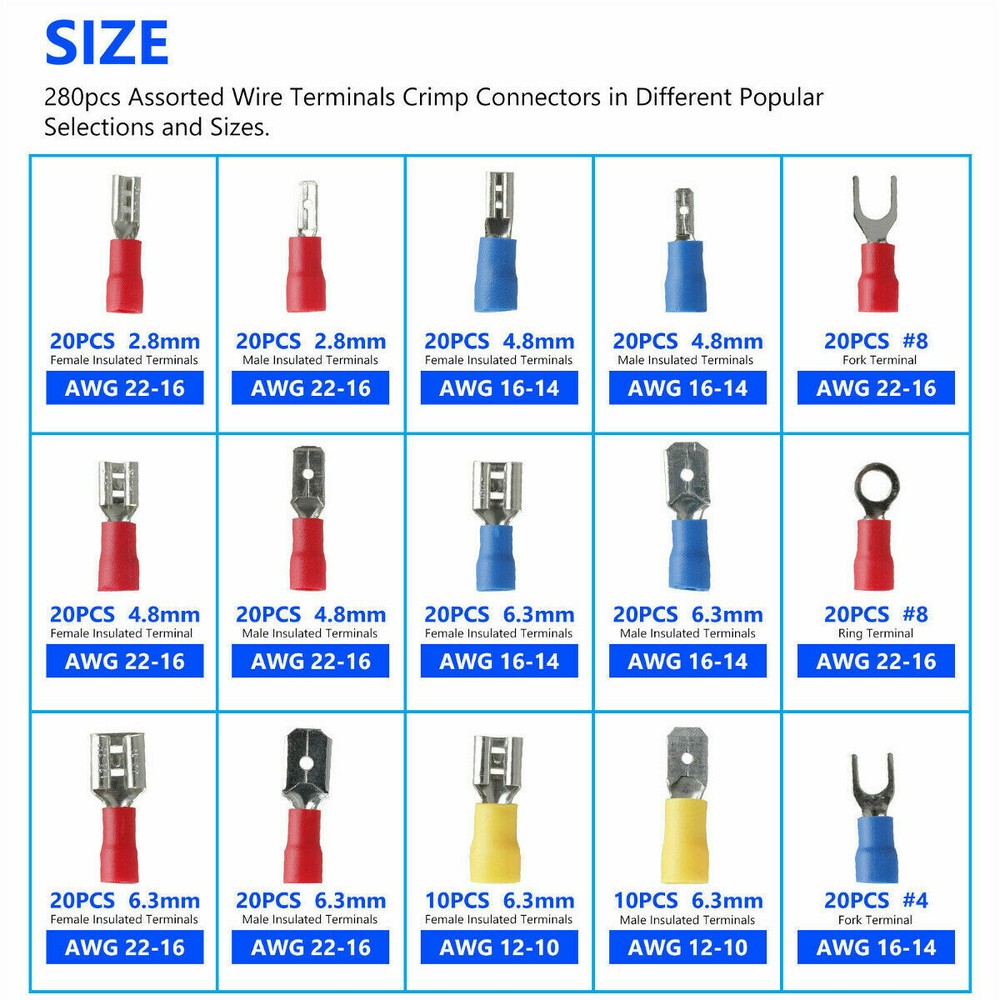 1200PCS Assorted Insulated Electrical Wire Terminals Crimp Connectors Spade Kit
