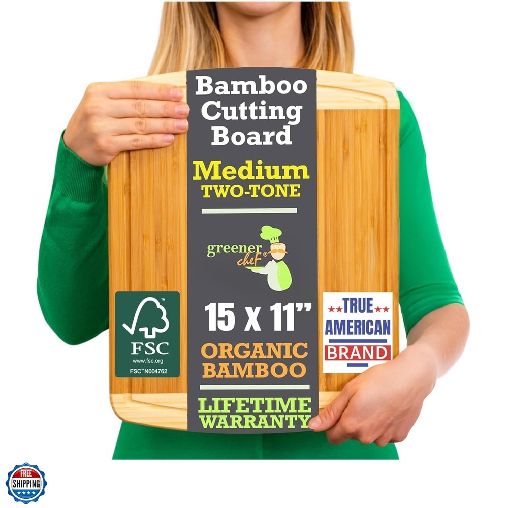 15 Inch Medium Cutting Board with Lifetime Replacements, Bamboo Cutting Board...