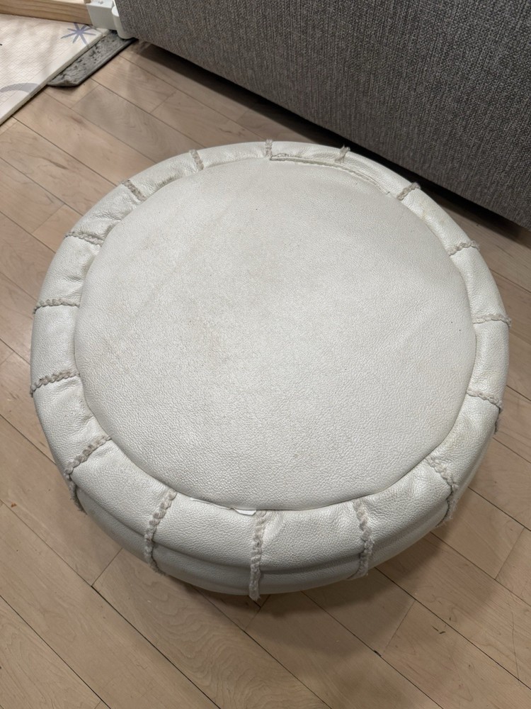 Handmade Moroccan White Embroidered Leather Round Pouf Ottoman