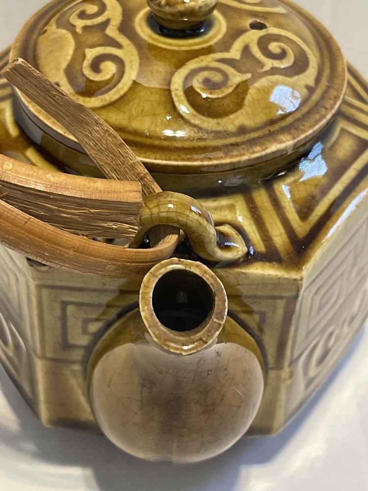 Vintage Ceramic Teapot with Bamboo Handle