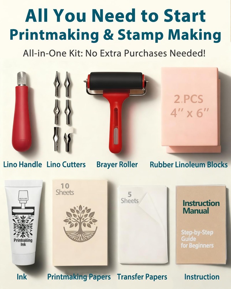 Linocut Kit for Printmaking & Stamp Making: Linocut Tools Block Printing Kit ...