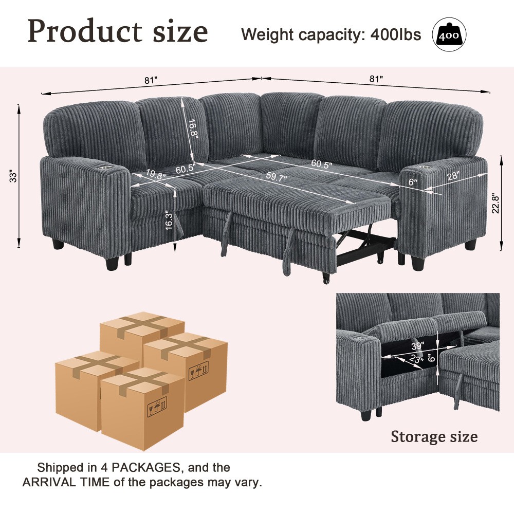5-Seat L-Shaped Sectional Sofa Bed w/ Pull-Out Bed & USB Charging, Grey