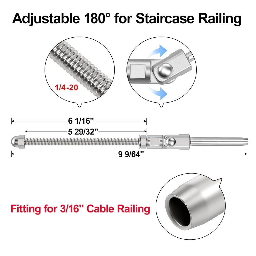 6" Long Angled Swage Threaded Stud, 3/16" 180 Degree Adjustable Angle 20 Pack