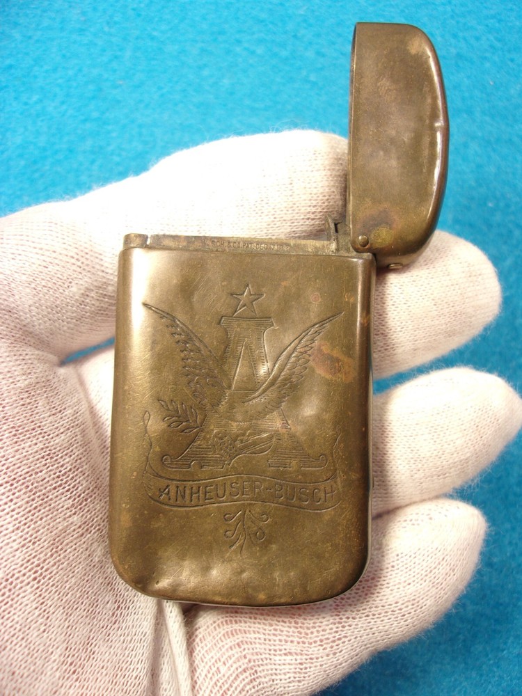 EXTREMELY RARE OLD VTG ANTIQUE SOLID BRASS "ANHEUSER BUSCH" MATCH SAFE / VESTA