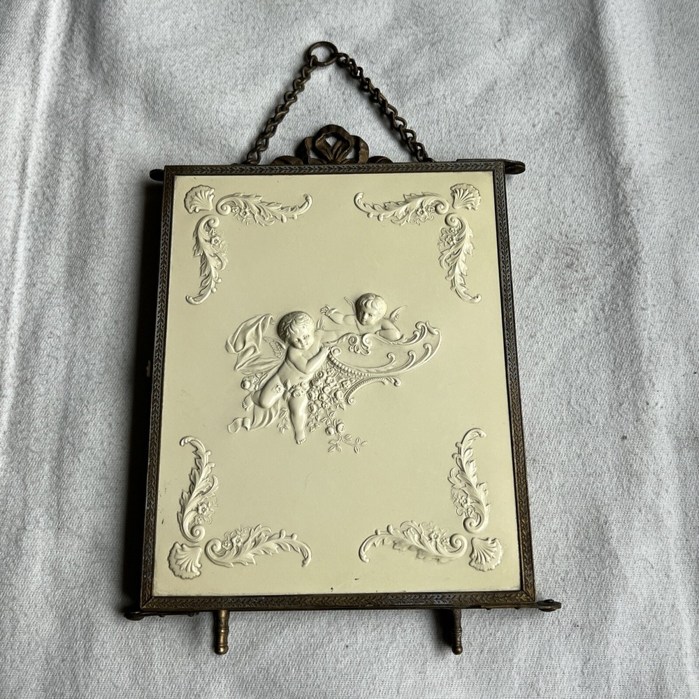 Antique Brass Tri-Fold Celluloid Cherub Hanging Vanity Mirror