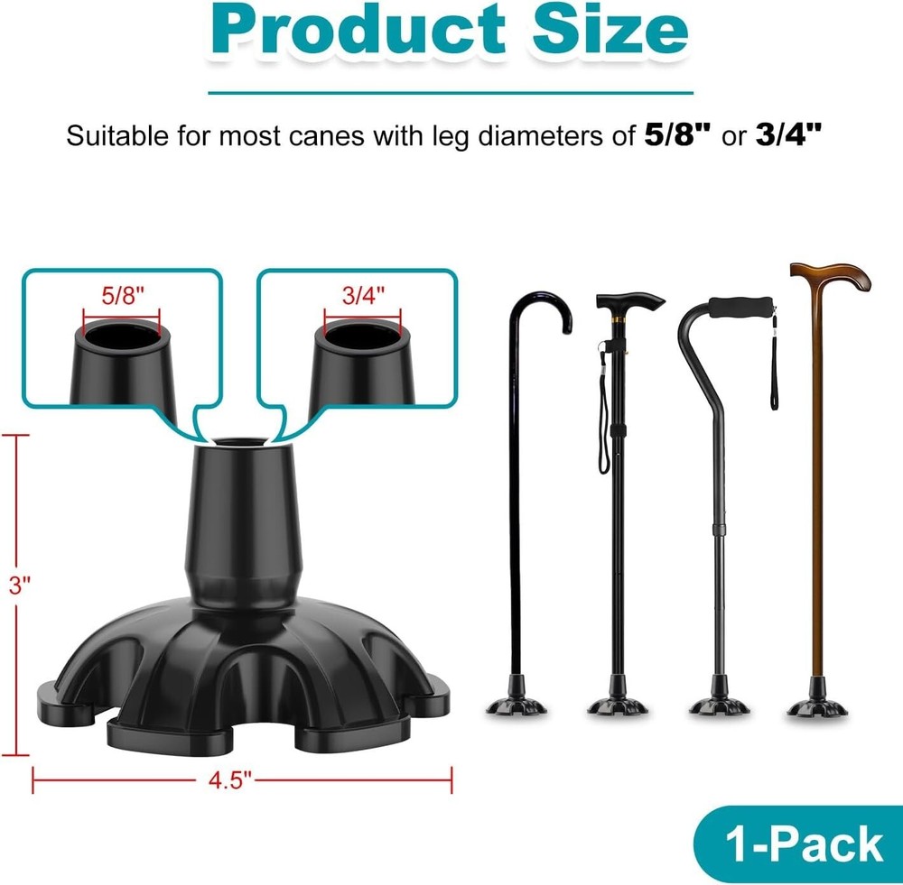 Cane Tip 5/8 Inch, Heavy Duty Self Standing Base Replacement for Offset Quad