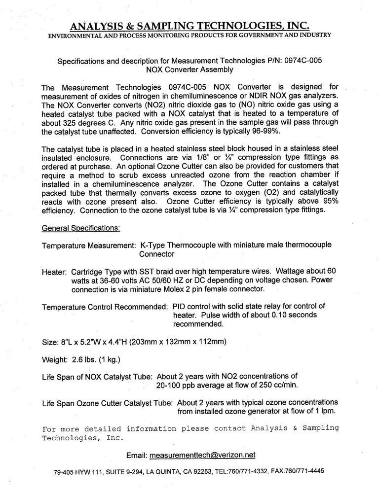 MEASUREMENT TECHNOLOGIES 0974C-005 NOX CONVERTER WITH OZONE CUTTER