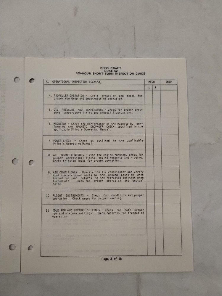 Beechcraft Model Duke 60 100-Hour Short Form Inspection Guide (3-Sets)-Original