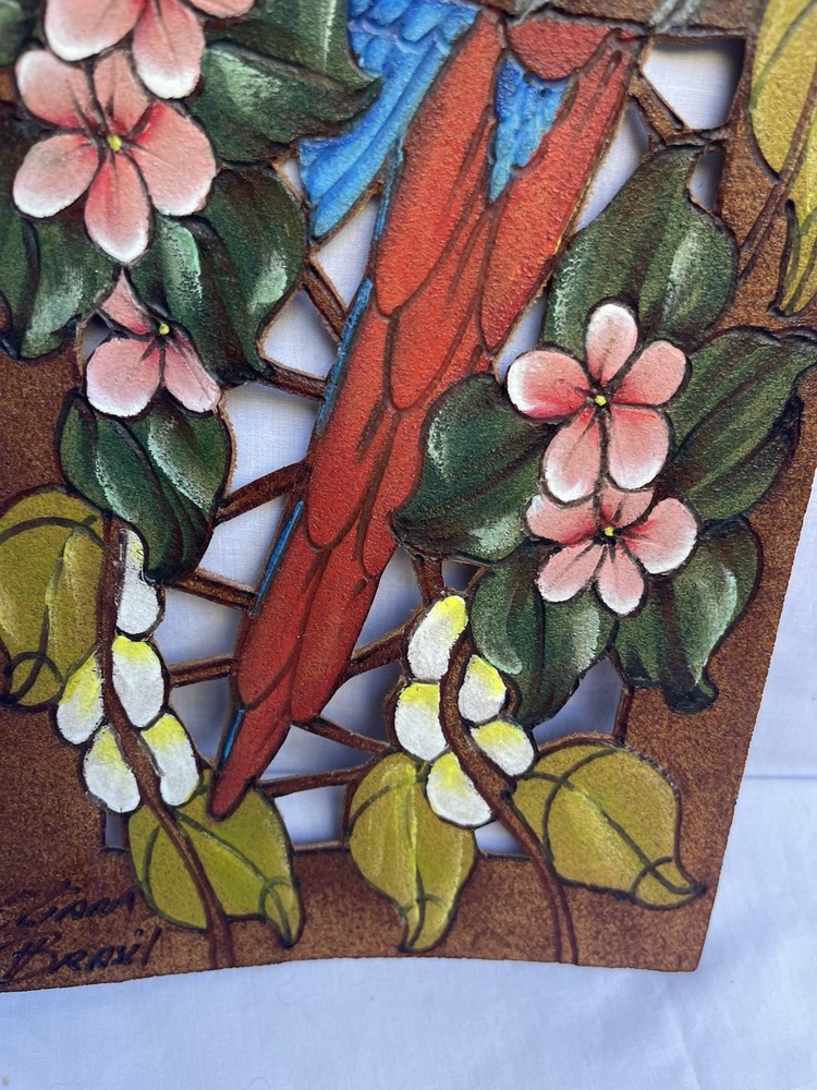 Brazil - Tooled and Painted Leather Wall Hanging - Parrot