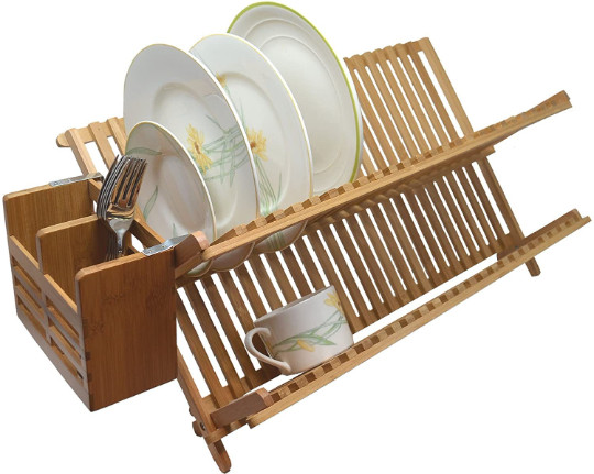 Bamboo Scissor Style Folding Dish Rack W/Flatware Holder Set.