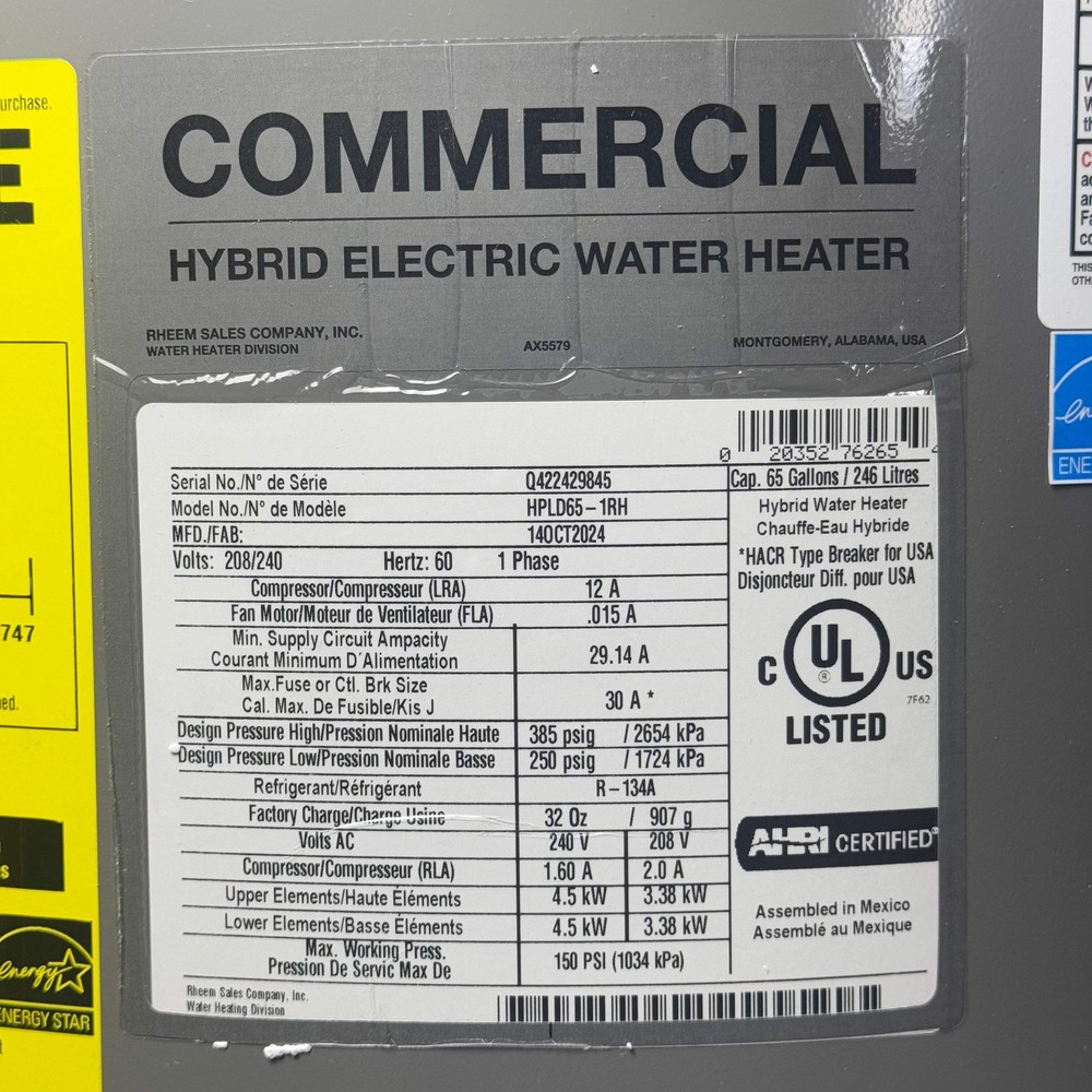 RHEEM Hybrid Electric Water Heater Sz 63” H x 24” D Grey HPLD65-1RH
