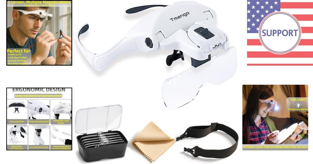 Hands-Free Lighted Magnifying Glasses with Interchangeable Lenses for Crafting