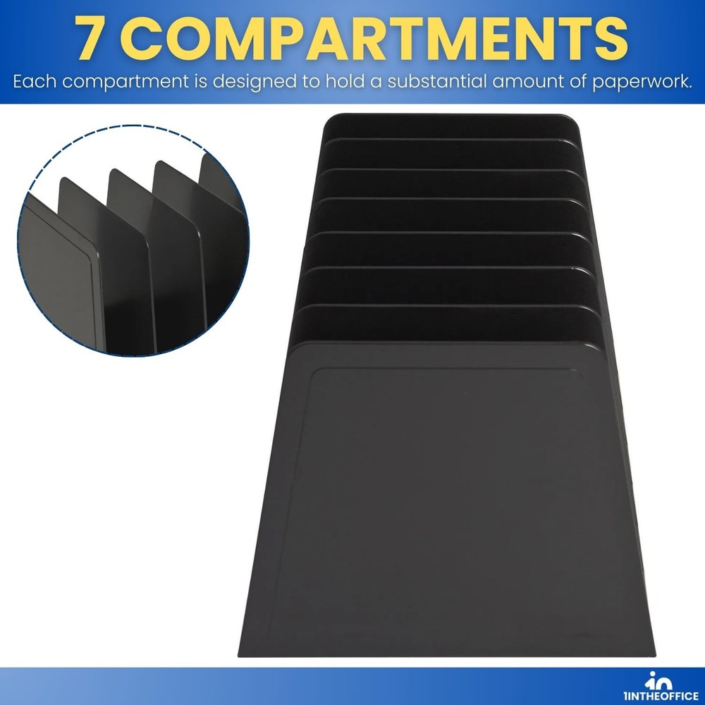 Desktop File Organizer Black Plastic 7 Compartments Vertical Desk Sorter