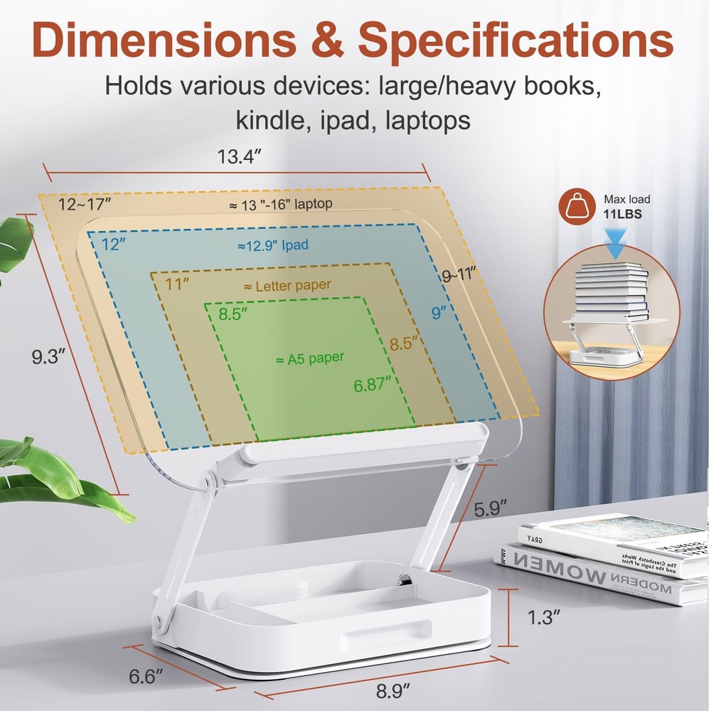 Acrylic Book Stand Storage 360 Rotating Base, Foldable Desktop Riser Holder