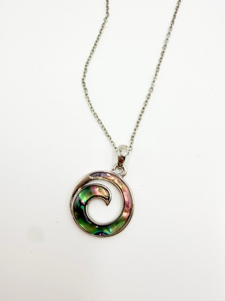 Abalone Shell Spiral Pendant Necklace – Silver Tone Iridescent Wave Design