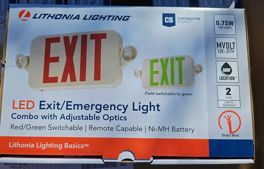LITHONIA LED EXIT & EMERGENCY LIGHT SIGN COMBO ADJUSTABLE OPTICS RED/GREEN NEW