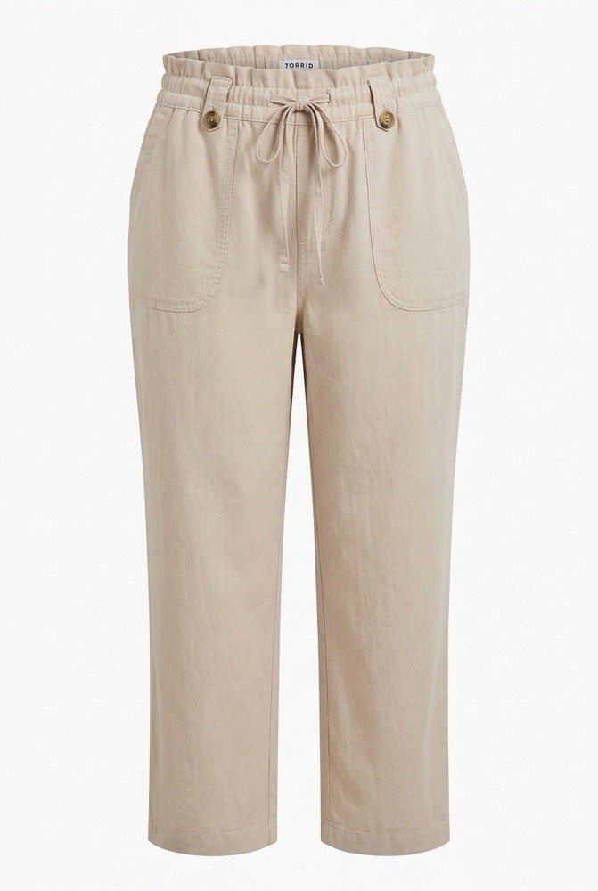 Torrid Beige Cotton Linen Ankle Pants Drawstring Button Flat Front Women’s