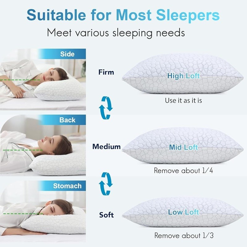 Cooling Pillow Set 2 Pack Gel Memory Foam Adjustable Soft Support Sleepers New