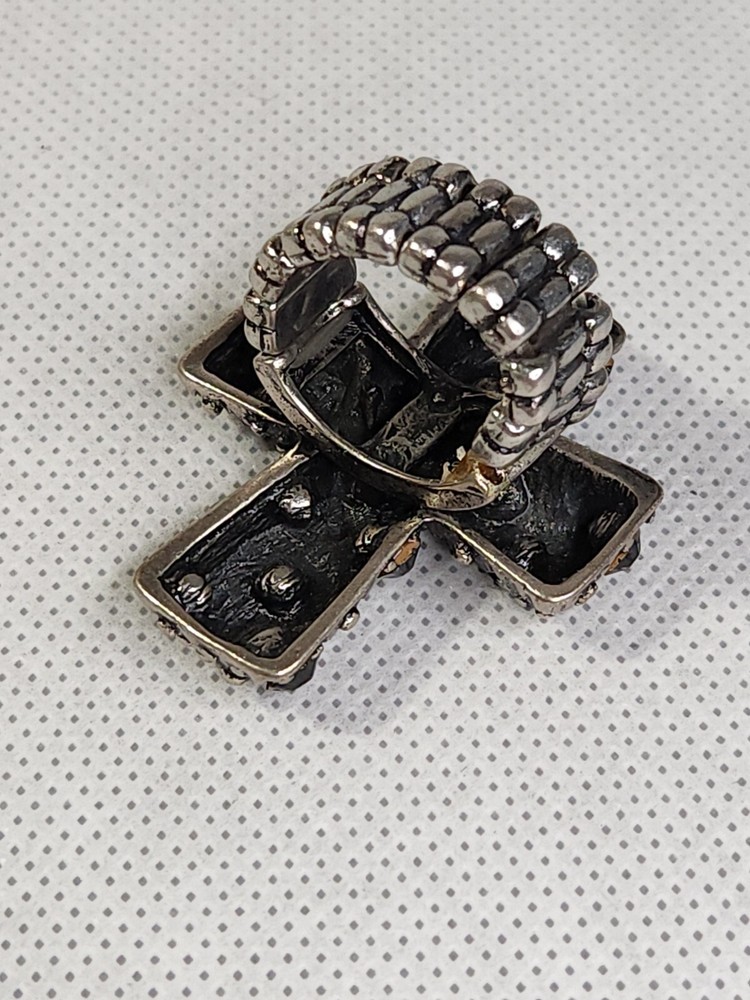 Silve Tone & Black Rhinestone Cross Stretch Band Ring