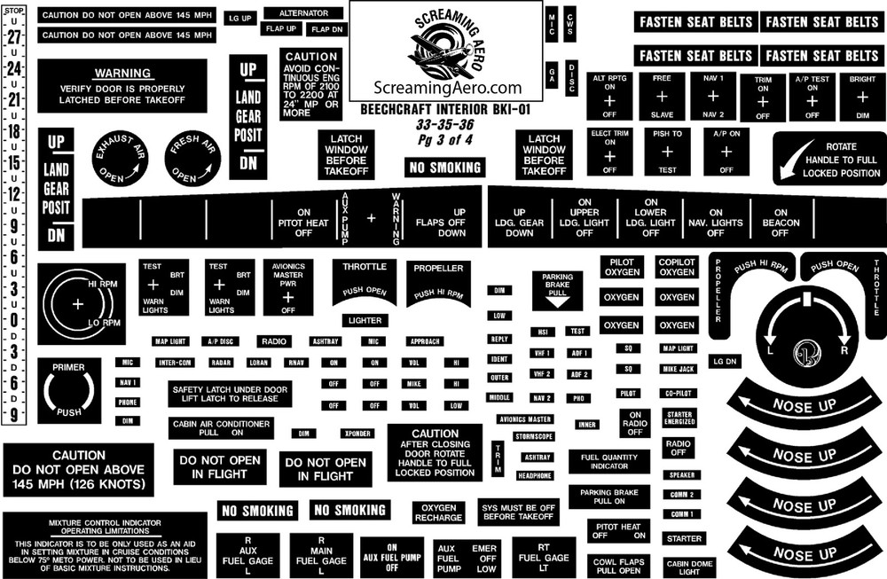 Beechcraft 33-35-36 4 Pg Interior Placard Kit