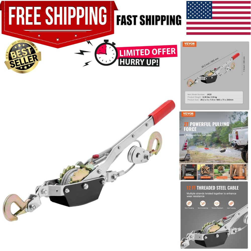 Come Along Winch, 2 Ton 4,409 lbs Pulling Capacity, 12 ft Steel Cable, 2 Hook...