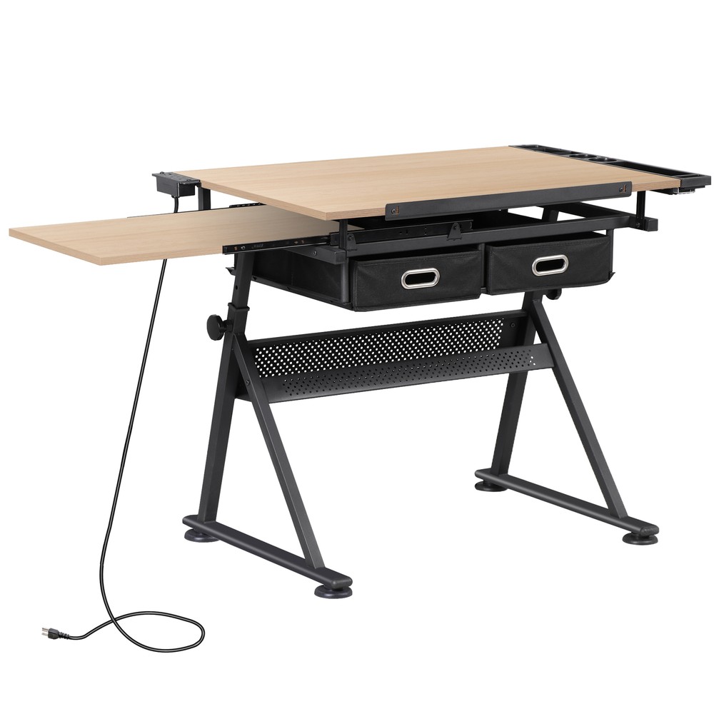 Drafting Table and Stool Set with Outlet Adjustable Artist Drawing Table Natural