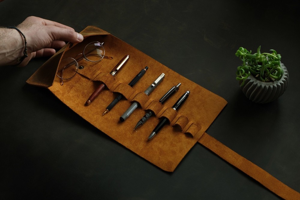 Handmade Leather Roll Up Pen Case - Barrel