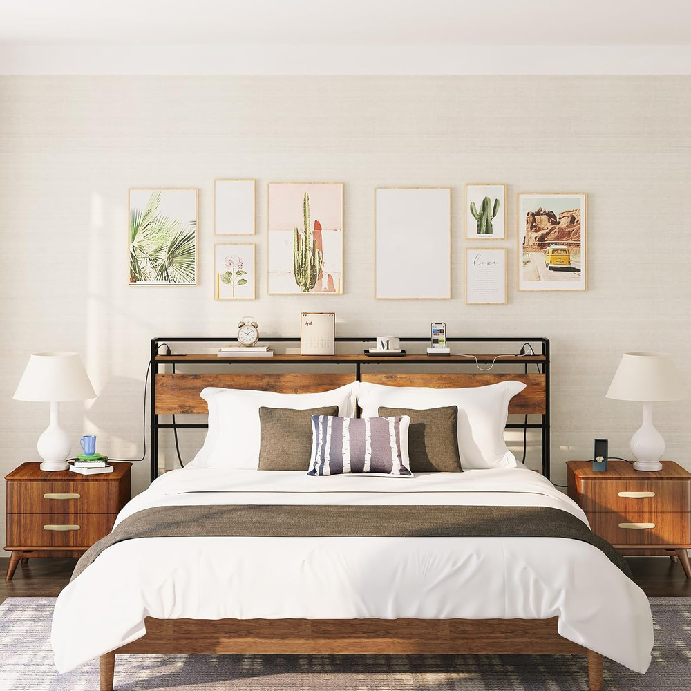 King Size Headboard, Headboard with 2 Outlets and 4 USB Ports, Adjustable Height